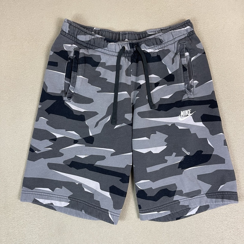 Nike Sportswear Short Mens S Gray Camo Fleece‎ Elastic Waist Pockets Sweat